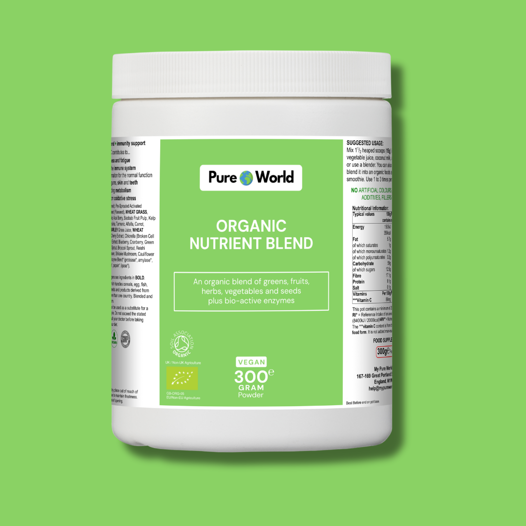 Organic super blend with natural greens and vitamins for energy support.