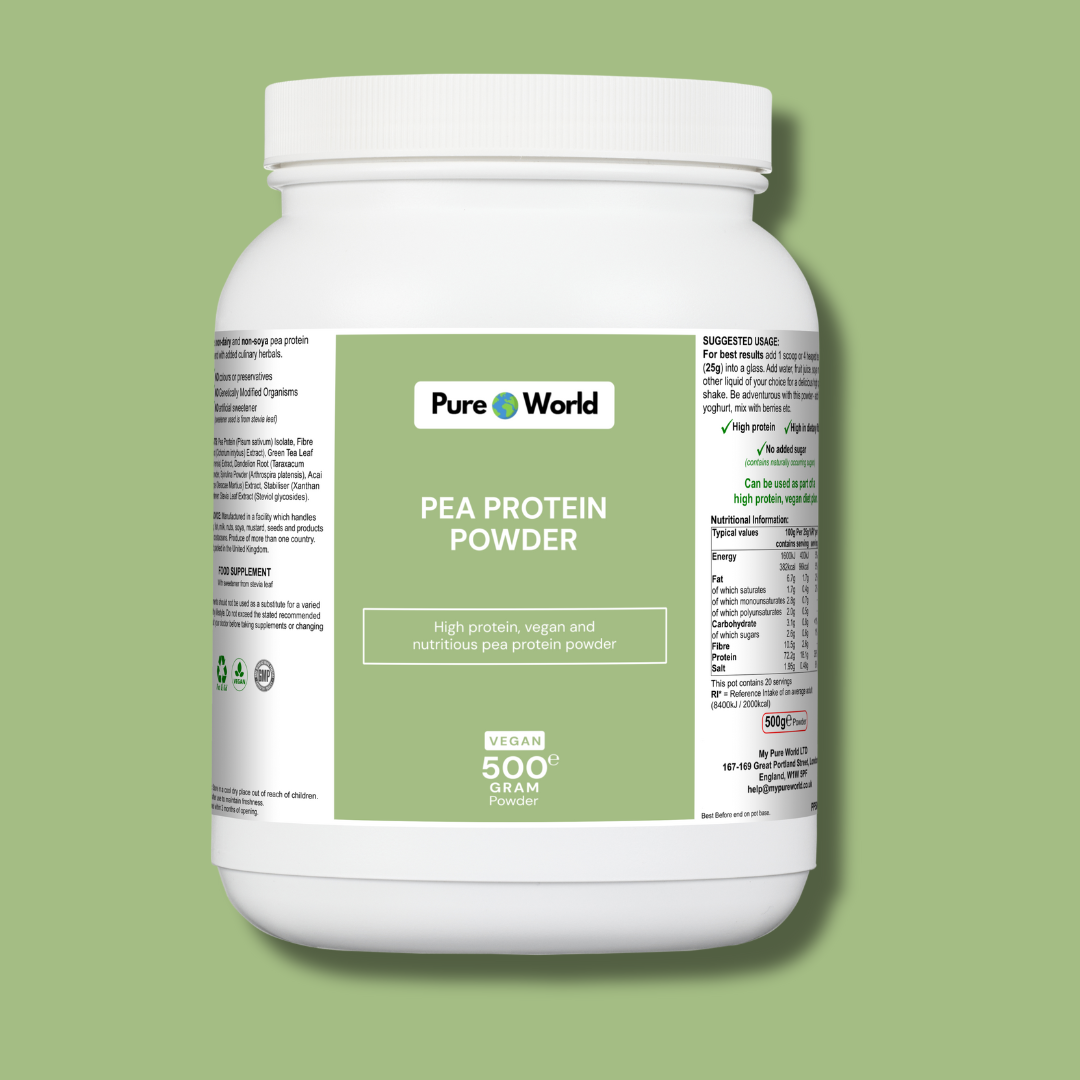 Pea protein powder for plant-based muscle recovery and fitness.