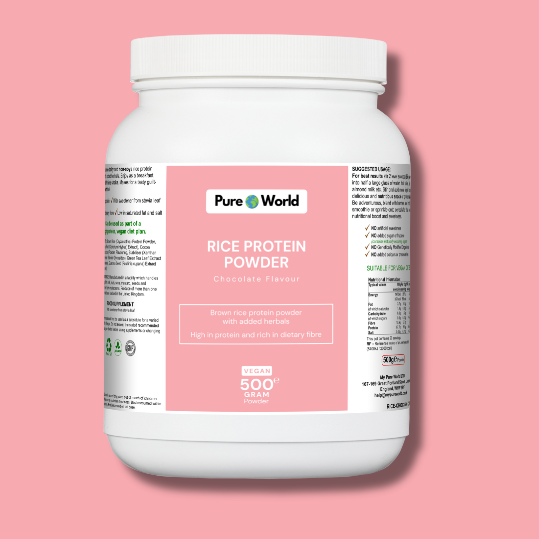 Chocolate rice protein powder for plant-based nutrition and muscle recovery.