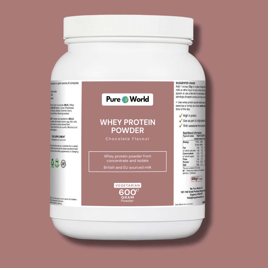 Chocolate whey protein powder for muscle recovery and fitness support.