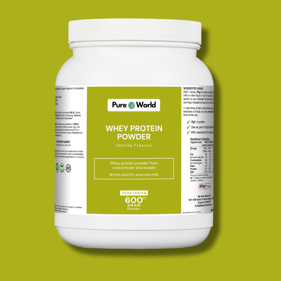 Vanilla whey protein powder for muscle recovery and fitness.